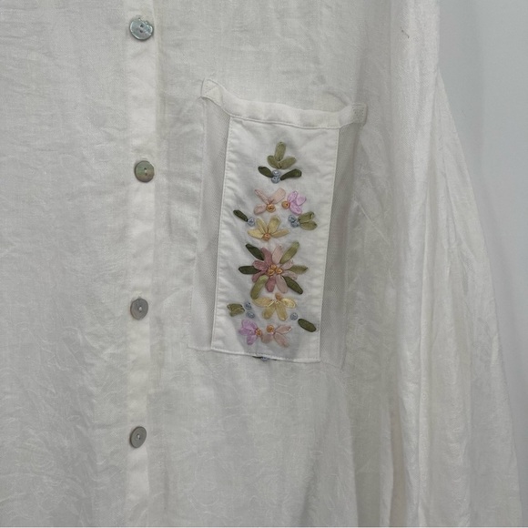 Nino Wong California Womens Size 1X Vintage Linen Button Up Top White Floral - Picture 4 of 10